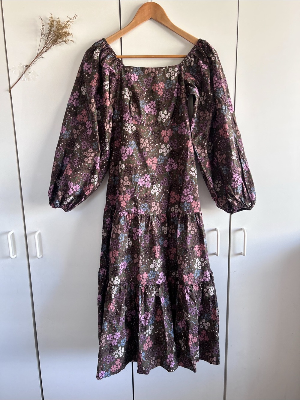 Summer Salt Floral Puff-Sleeve Midi Dress in Brown and Pink • Sz XS